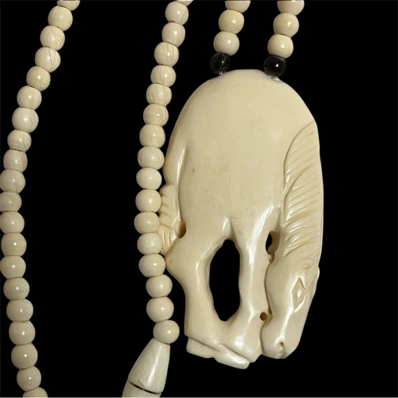 Vintage Carved Bone Crouching Horse Pendant Necklace